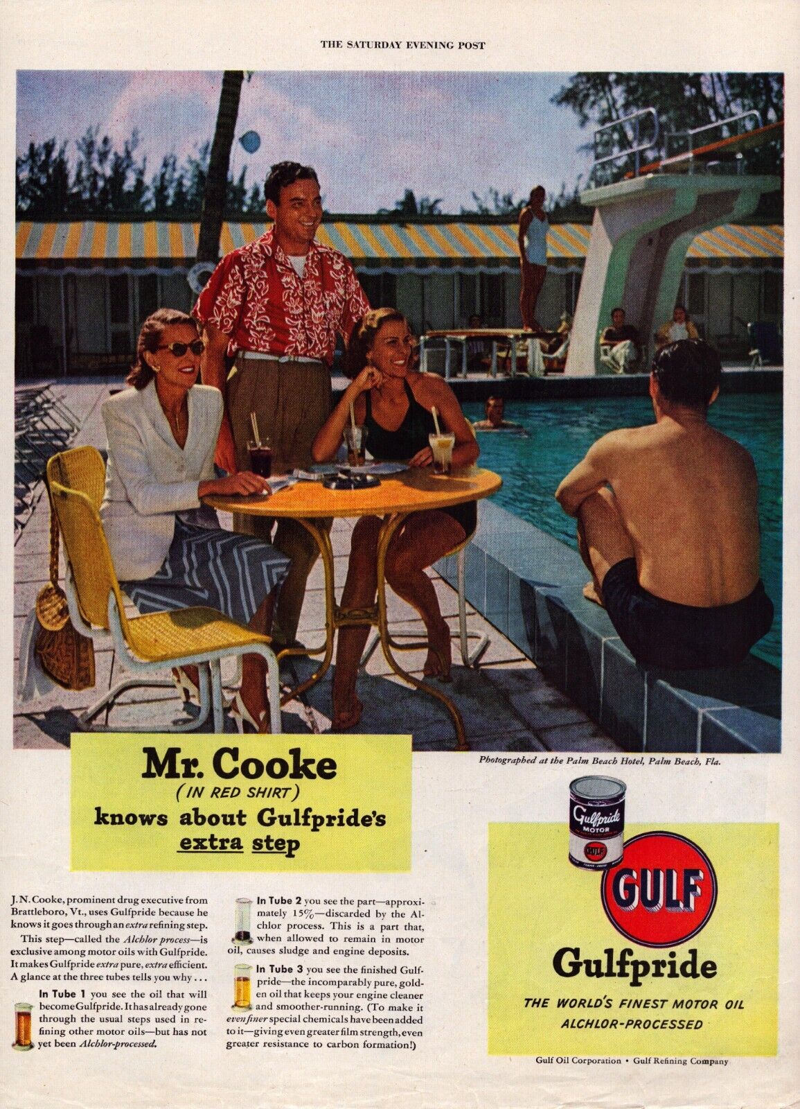 1949 Gulf Oil Corp Poolside Swimming J.N Cooke Sat Evening Post Vintage Print Ad