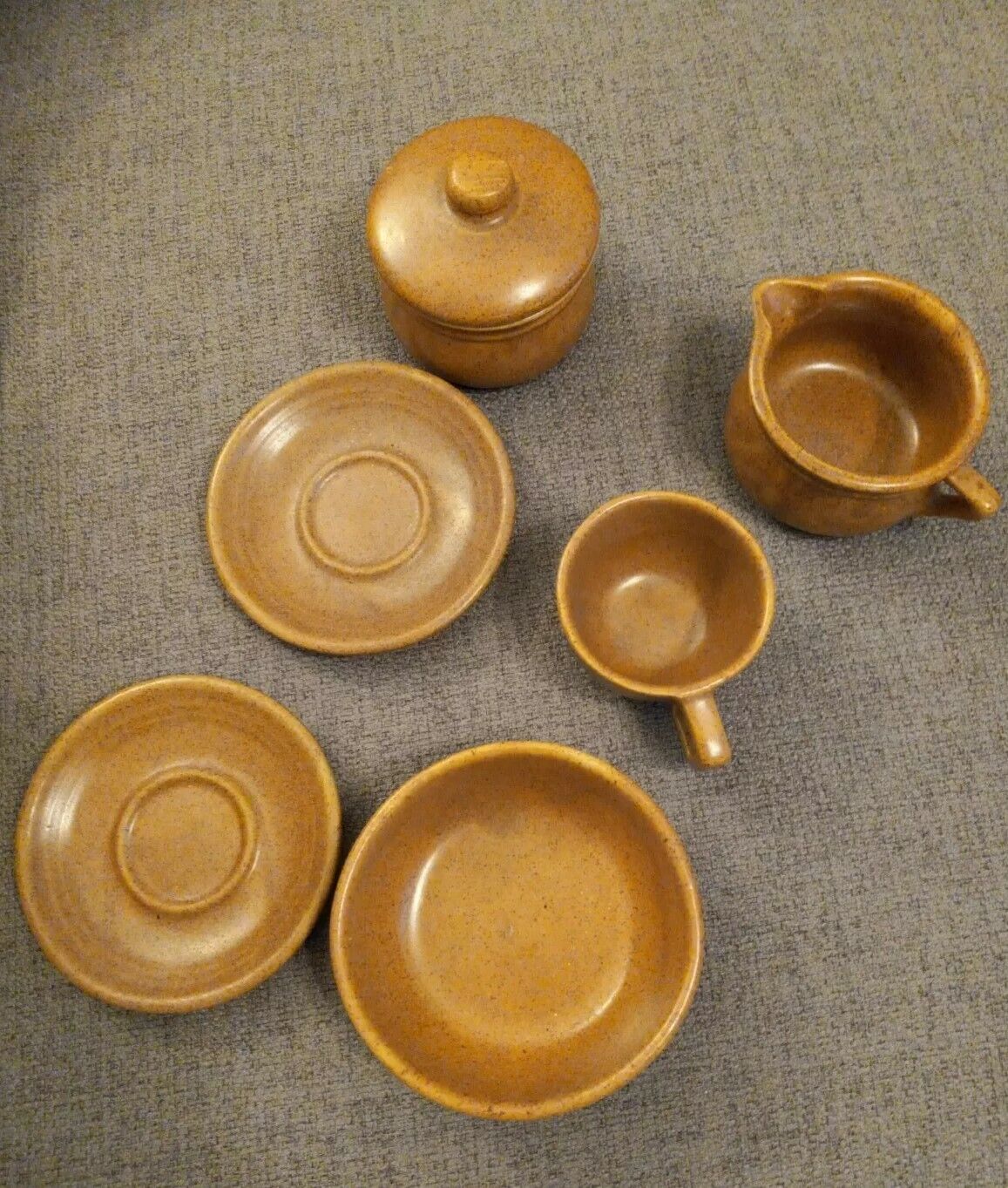 7 piece Lot Vintage Monmouth Pottery Mojave Brown Maple Leaf USA MCM cup bowl