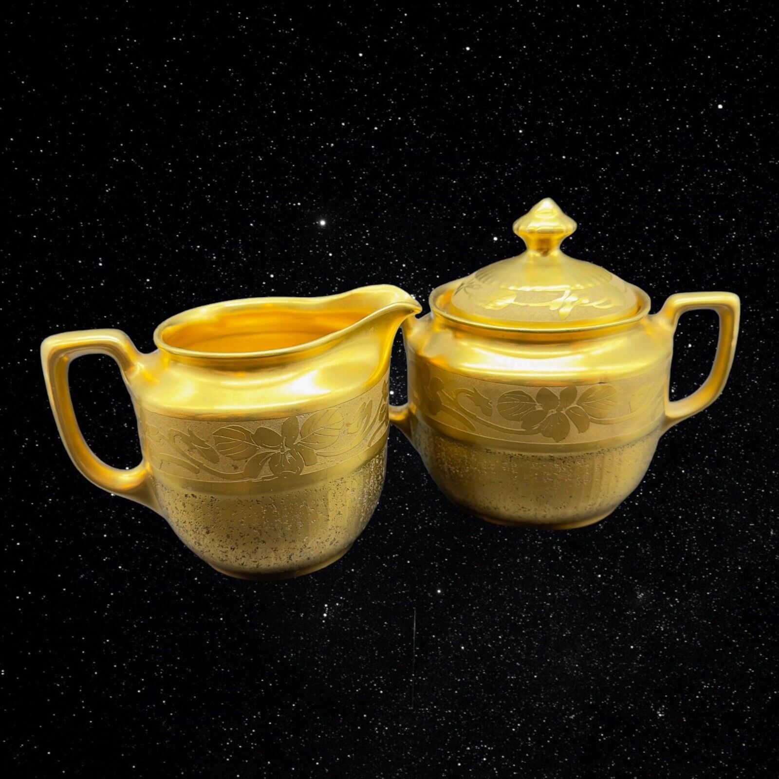 Vintage Gold Encrusted Etched Floral Sugar Bowl & Creamer Set Porcelain