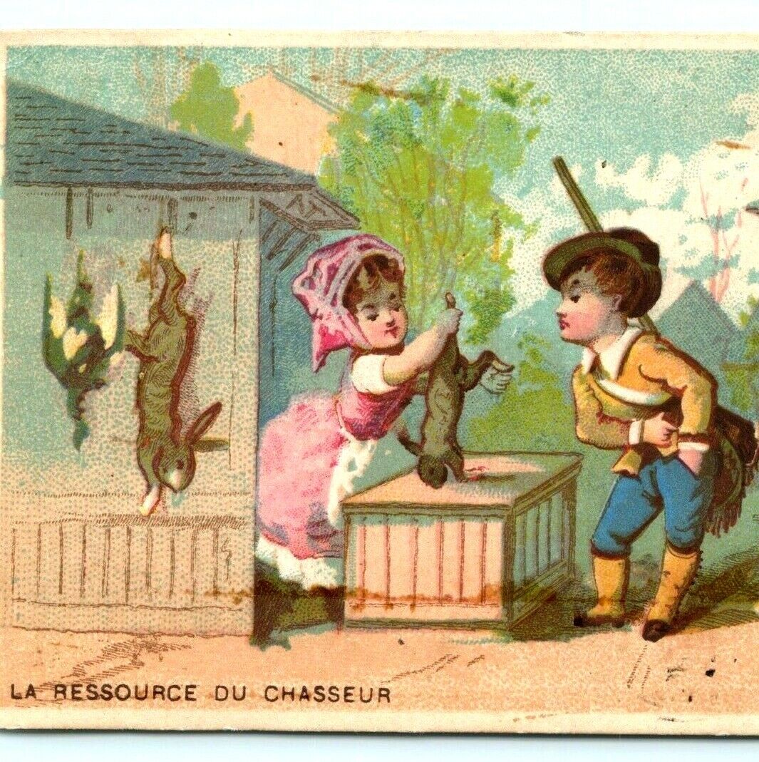 c1880s French Caen Normandy France Farms Dairy Trade Card Girl Butcher Hunter C9