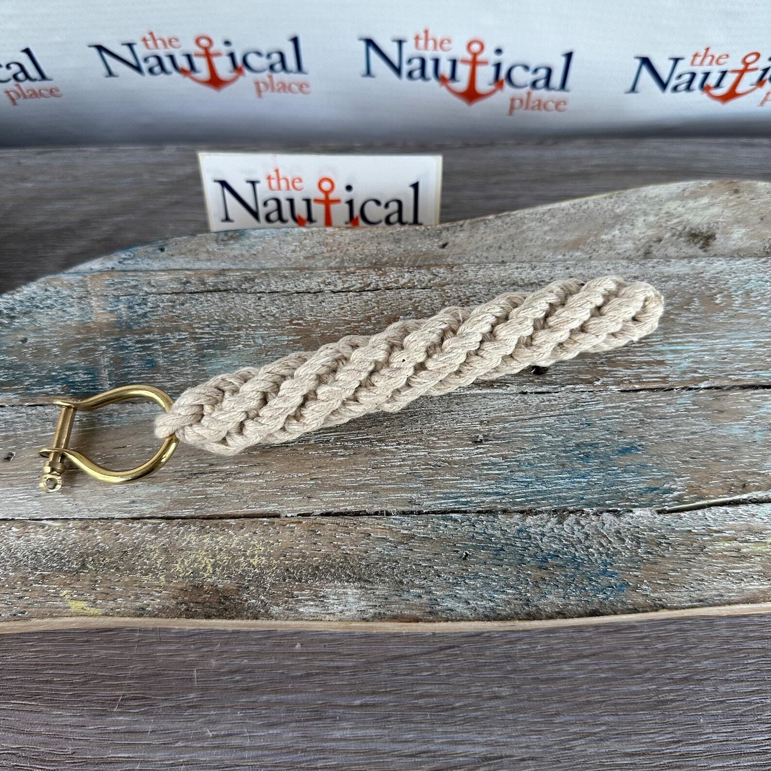 Rope Bell Pull w/ 2 Brass Shackles & Ring, Hand Tied, White, Off White, Natural