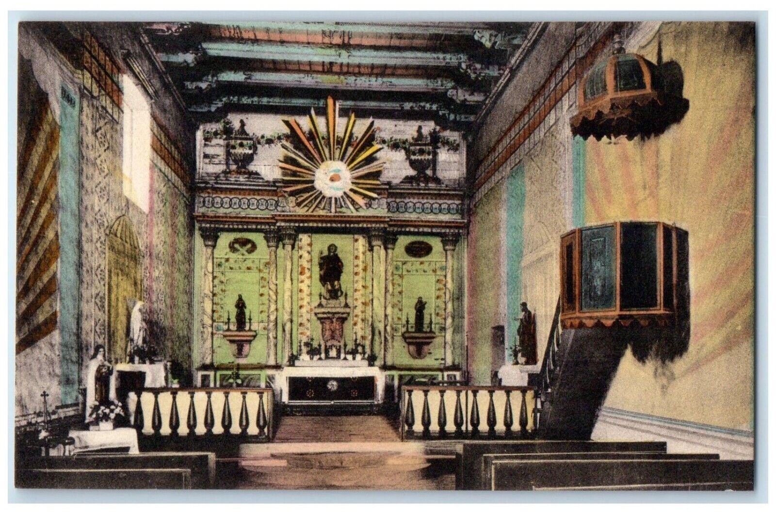 c1940 Interior Original Altar Old Mission San Miguel California Vintage Postcard