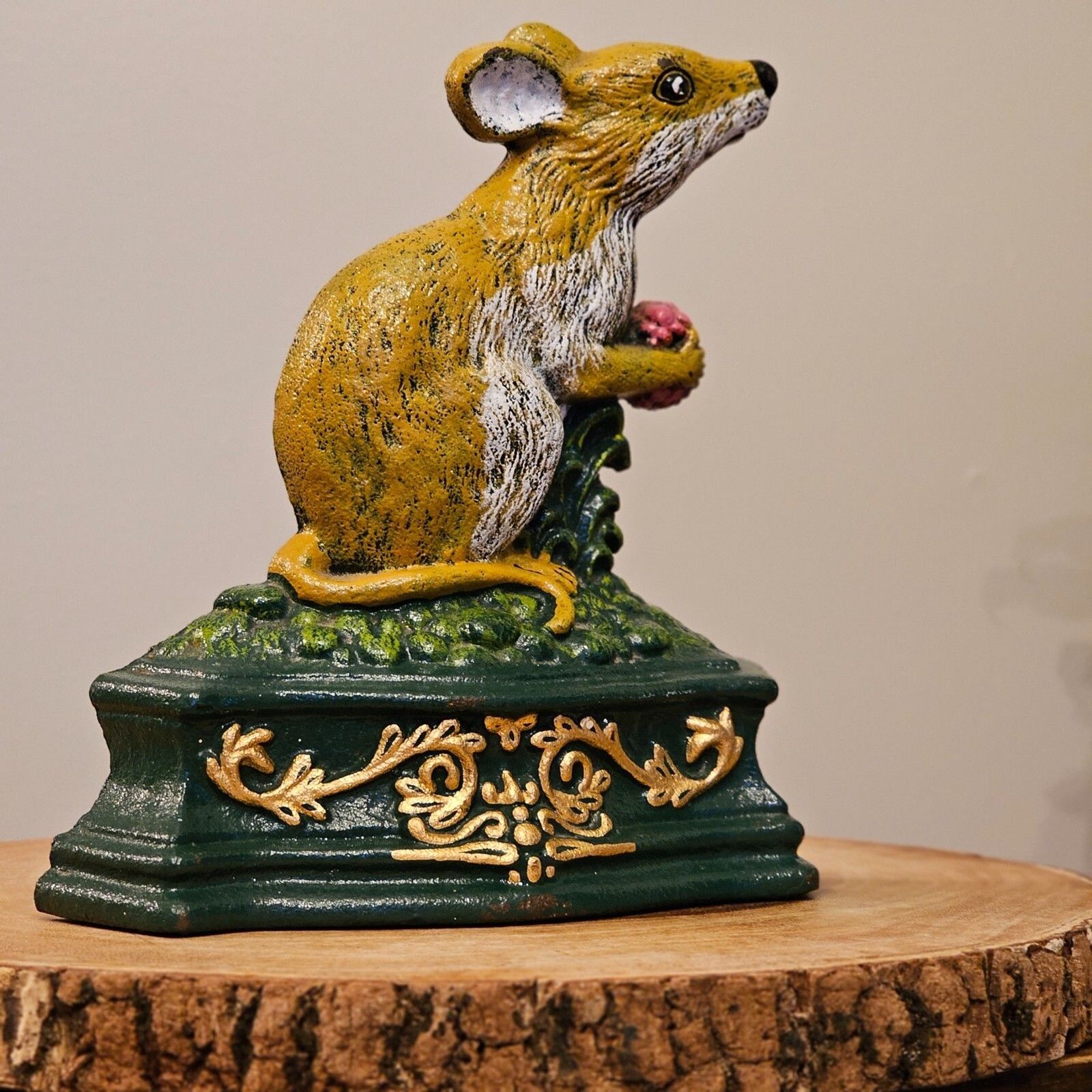 Vintage Cast Iron Country Mouse Large Doorstop Hand Painted 7x8\