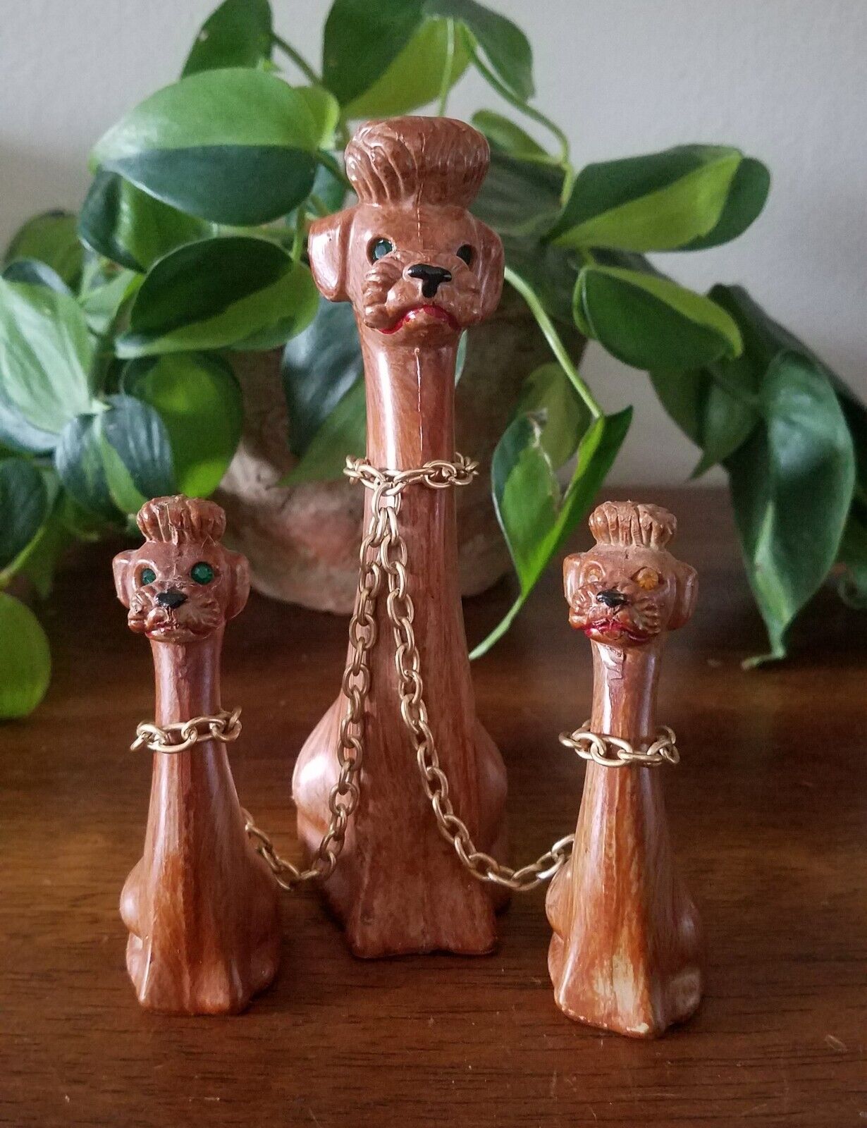 Vintage Kitsch Chained Poodle Family Mamma 2 Puppies Rhinestone Eyes MCM