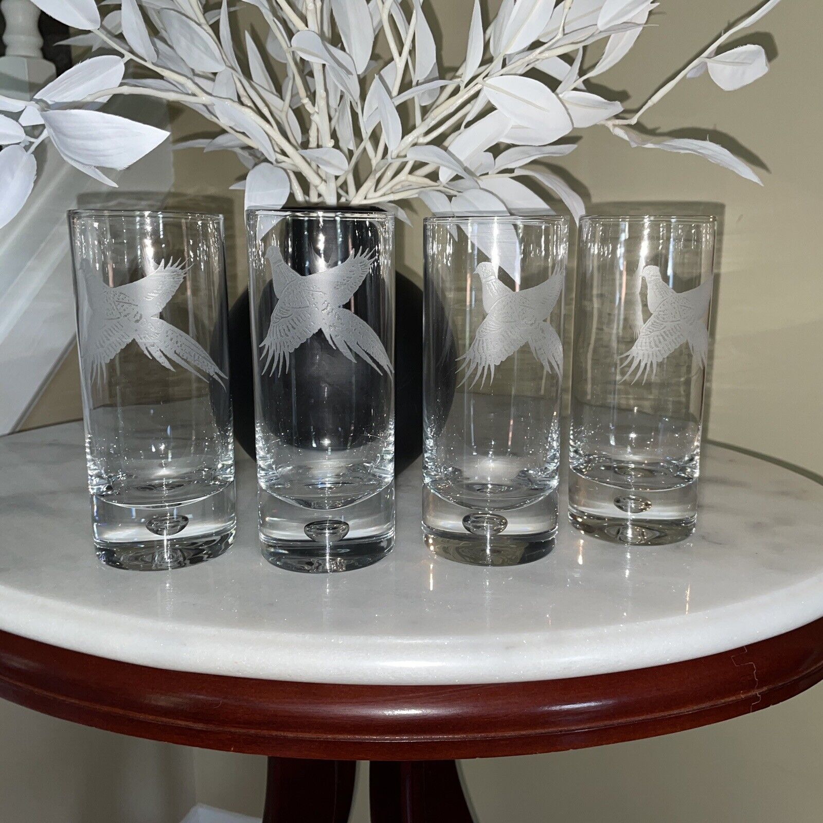 Set of 4  Signed Perry Coyle Etched Clear Cut Glass Pheasant Tumblers