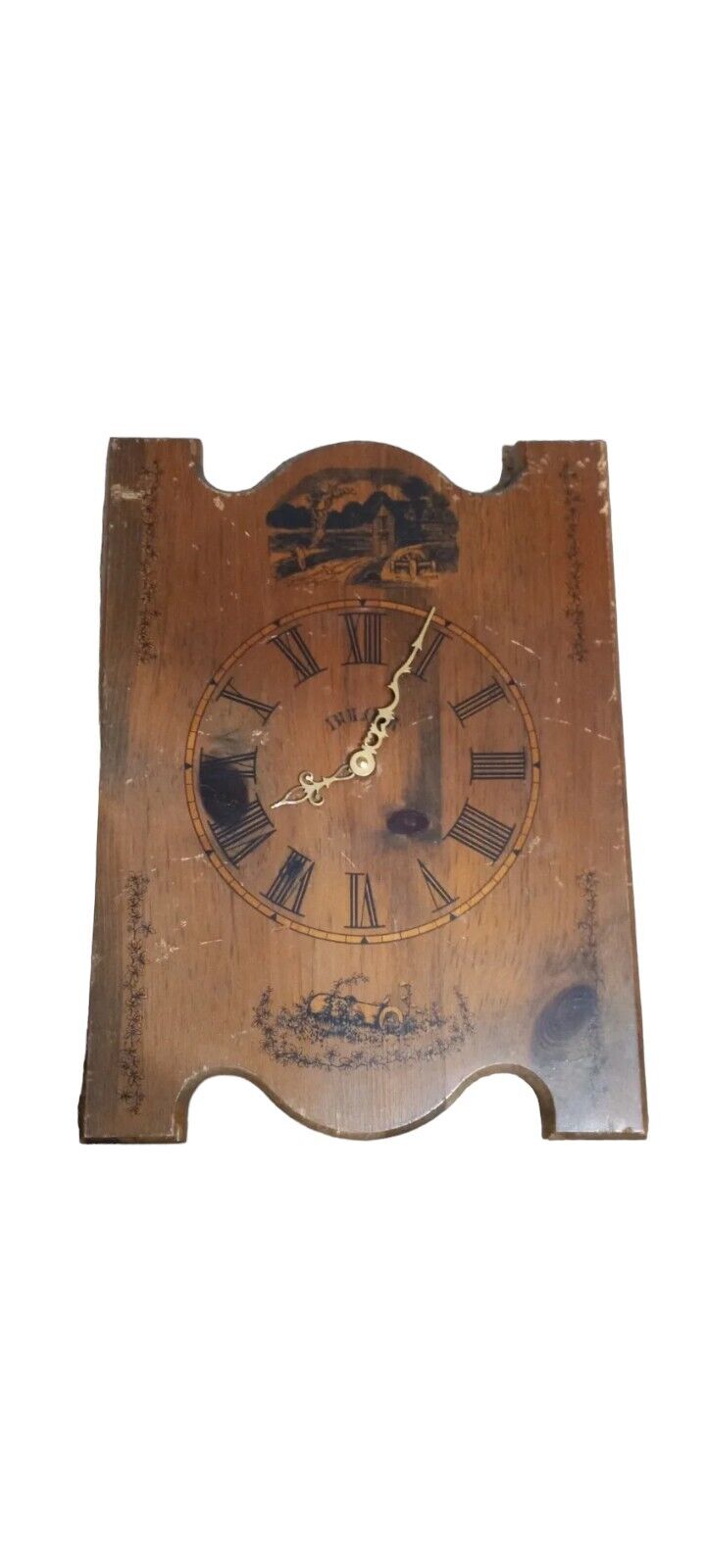 Vintage- BULOVA Wooden Wall Clock All Original- TESTED-Farm Fishing Bridge Scene