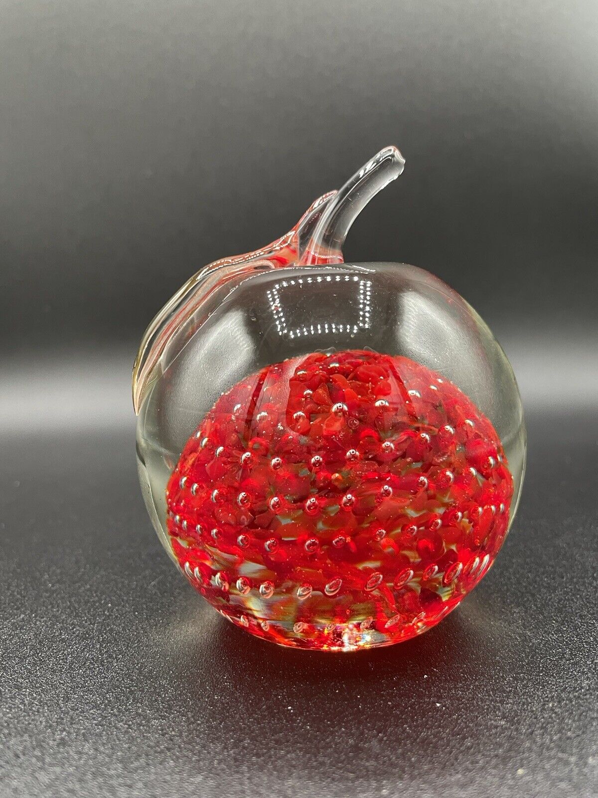 Handblown Glass Clear Apple with Red Controlled Bubbles Paperweight 3.5\