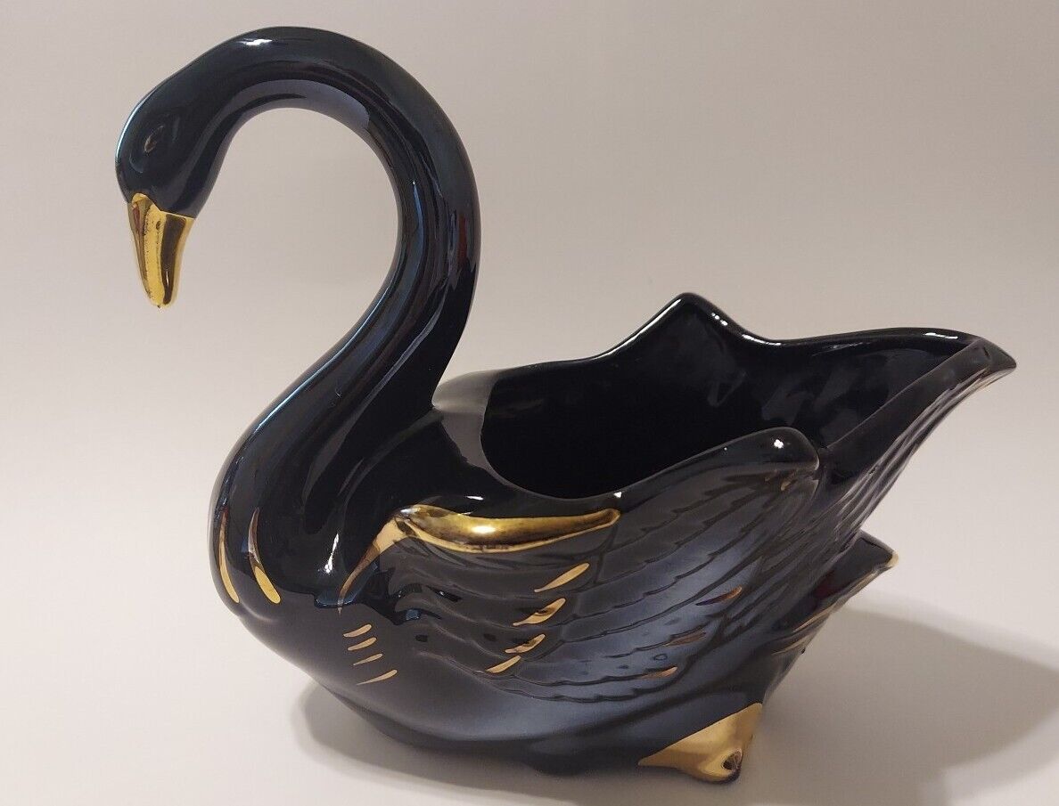 Vintage Royal Copley Black & Gold Ceramic Swan Planter
