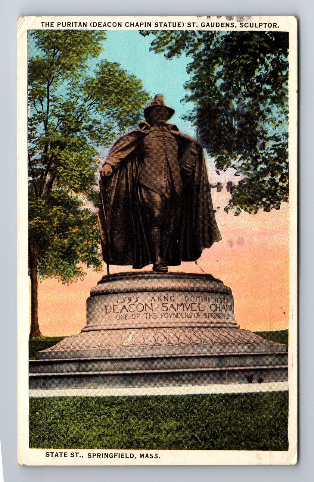 Springfield, MA-Massachusetts, The Puritan by St-Gaudens c1934, Vintage Postcard