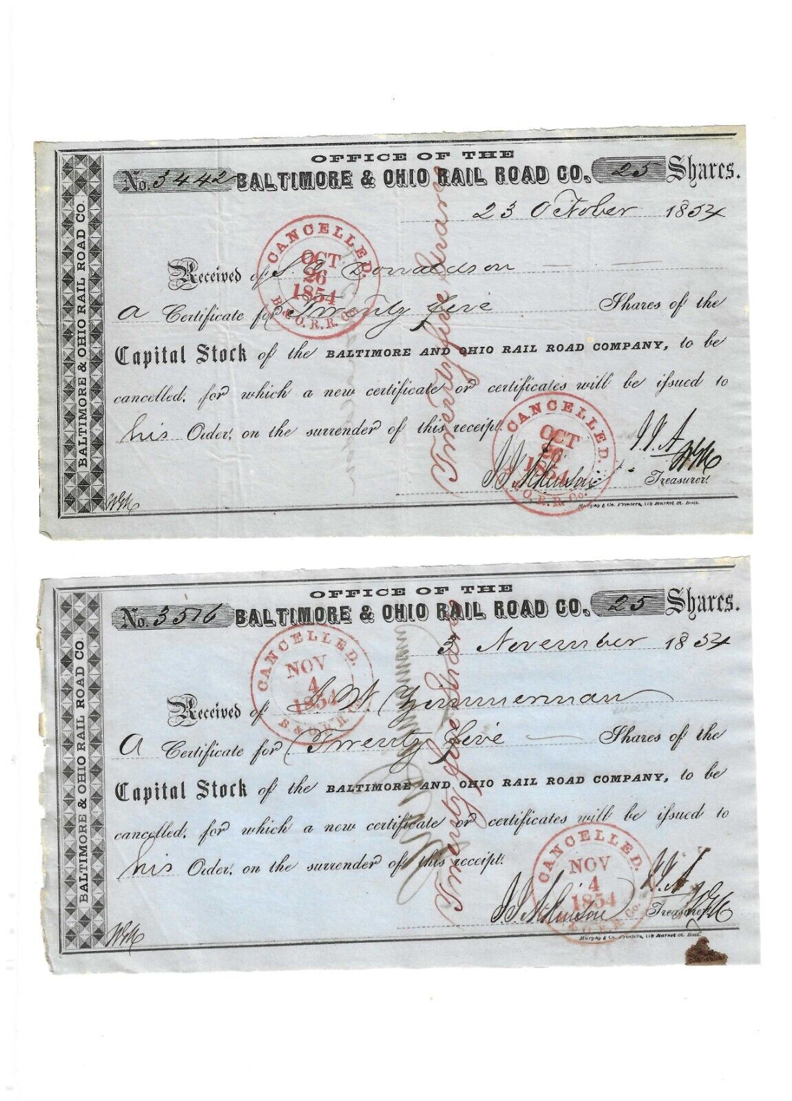 Two (2) Original 1854 Baltimore & Ohio Railroad Capital Stock Receipts