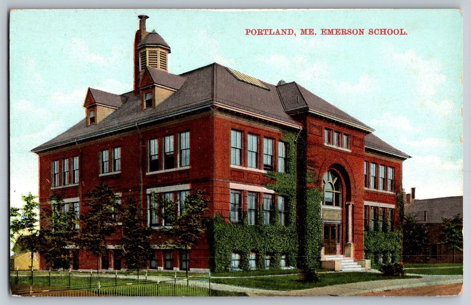 Portland, Maine ME - Beautiful Emerson School Building - Vintage Postcard