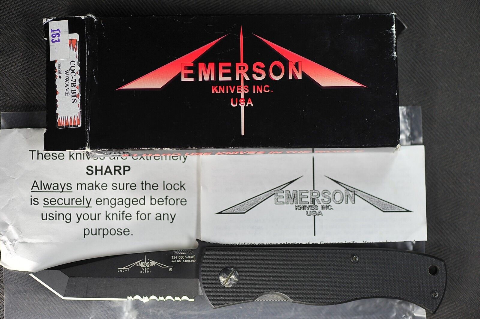 2001 Emerson CQC-7B-BTS w/Wave Black 154CM Tanto Blade w/Box Papers S/N #354