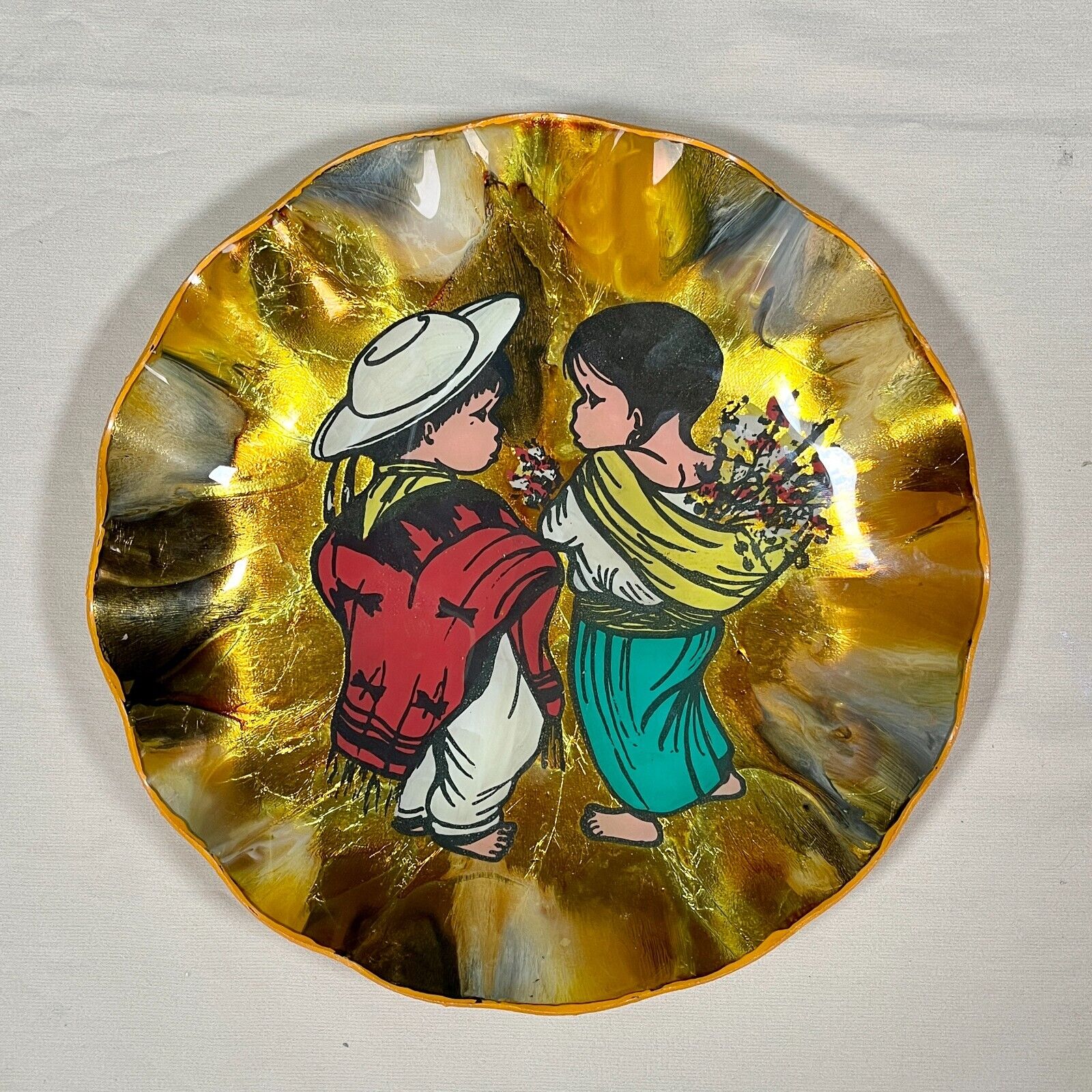 Vintage WOOLWORTH Mexico Decorative Wavy Plate - Reverse Painted Child Art