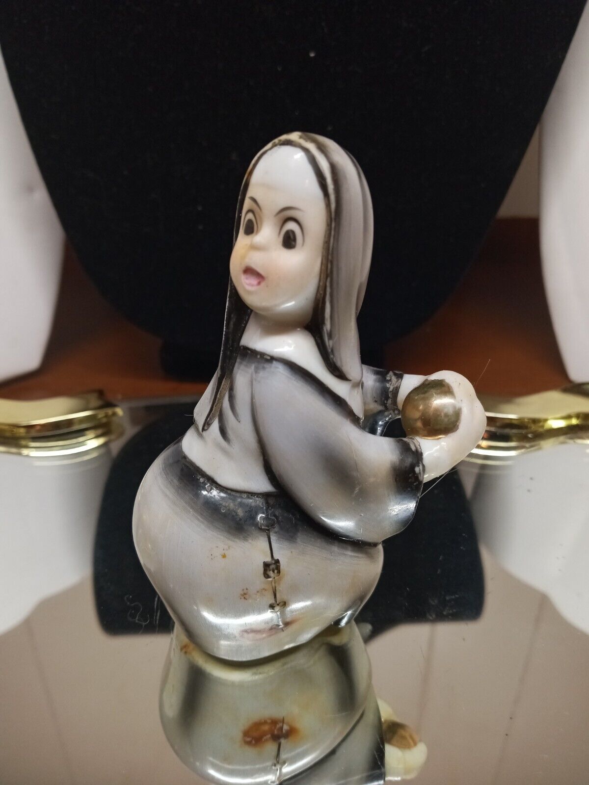Vintage Lefton Nun Playing Baseball Figurine Gray with Gold Baseball