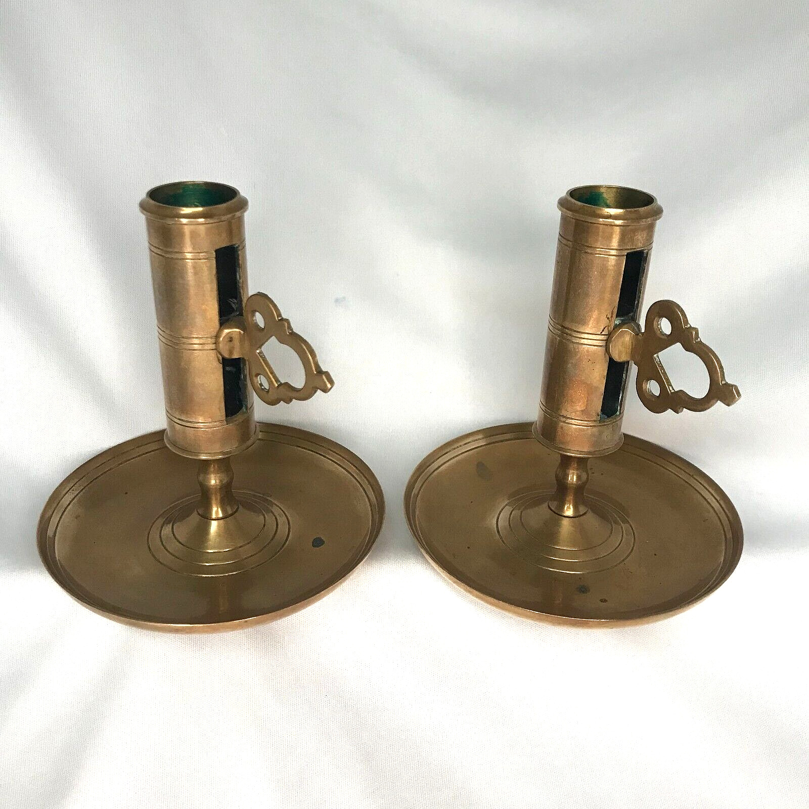 2 Vintage MALM Brass Turn Key Adjustable Candlestick Holders With Drip Pans