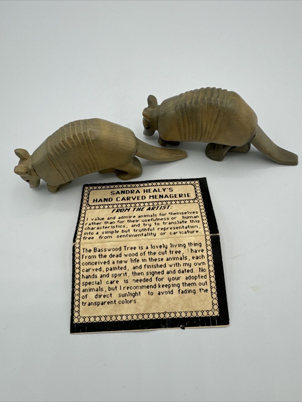 2 Hand crafted Armadillos By Sandra Healy- Made From Basswood Signed And Dated H
