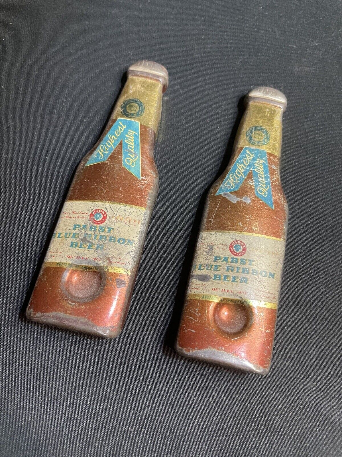 TWO 1940's Pabst Blue Ribbon Beer Bottle Opener Bottle Shaped Opener