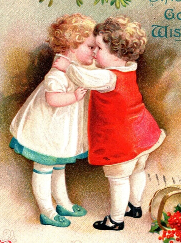 1914 Christmas Postcard Two Cute Girls Kissing Under Mistletoe