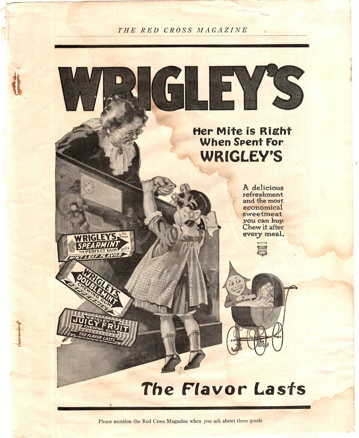 1918 Print Ad WWI Wrigley\'s Her mite is right when spent The Flavor Lasts Illus