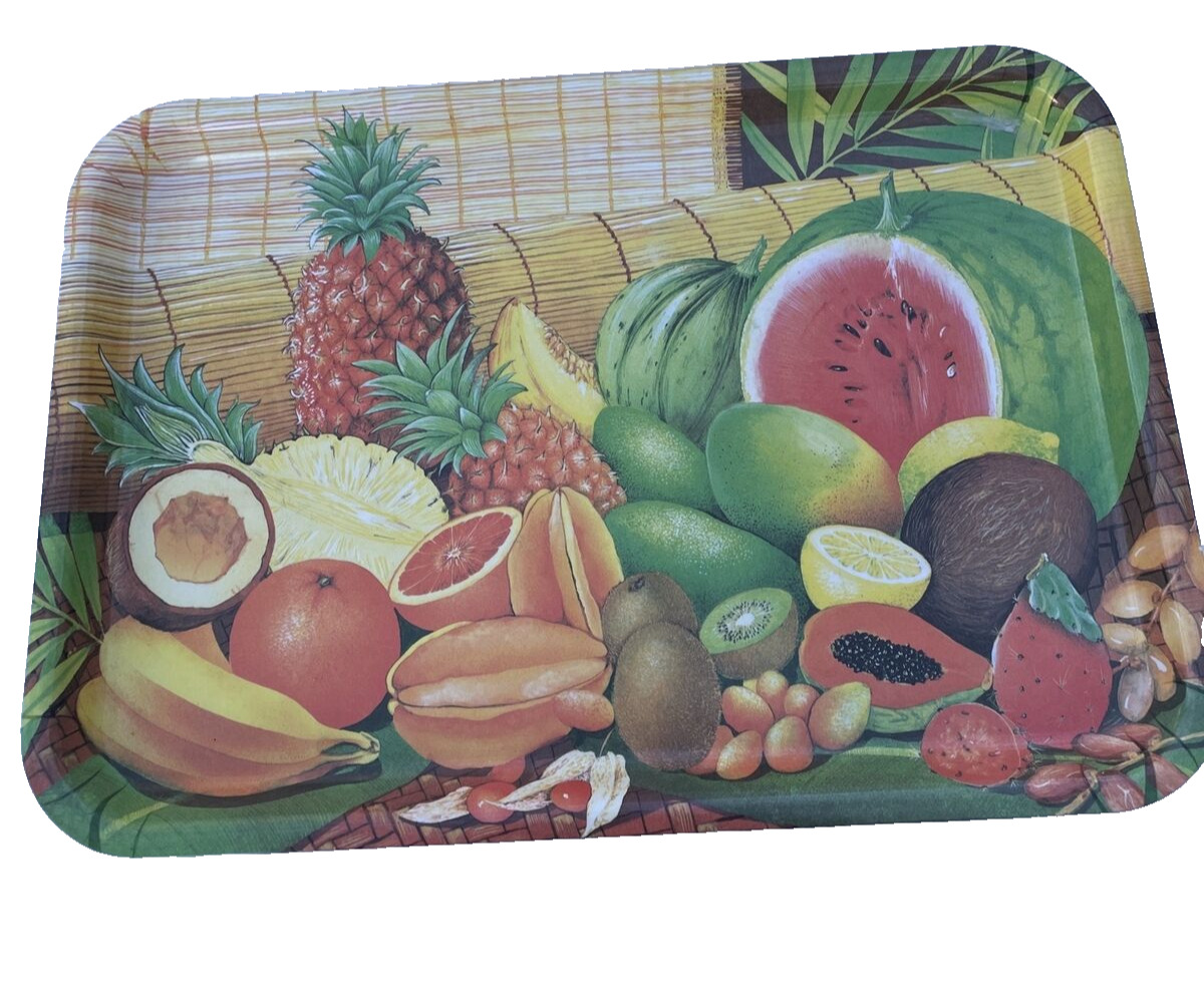 Serving Tray Vintage Mid Century  Colorful Fruit Art Heavy Plastic Made In Italy