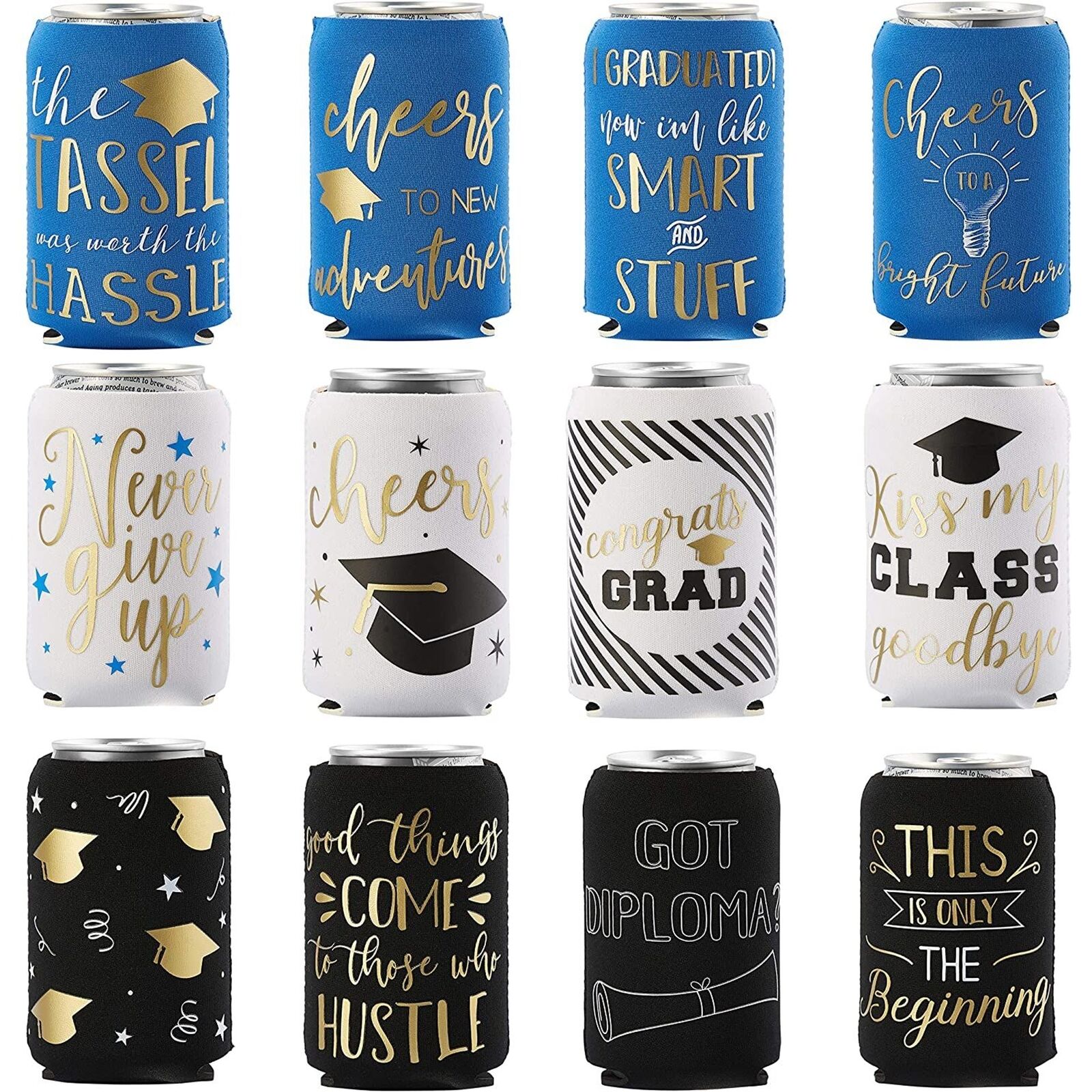 12x Graduation Beer and Soda Can Sleeves Fun Grad Party Favors Gifts Fits 12 oz