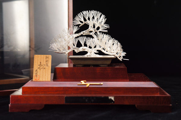 OBUCHI MITSUNORI Stering Silver Japanese Plum Tree Bonsai with glass case