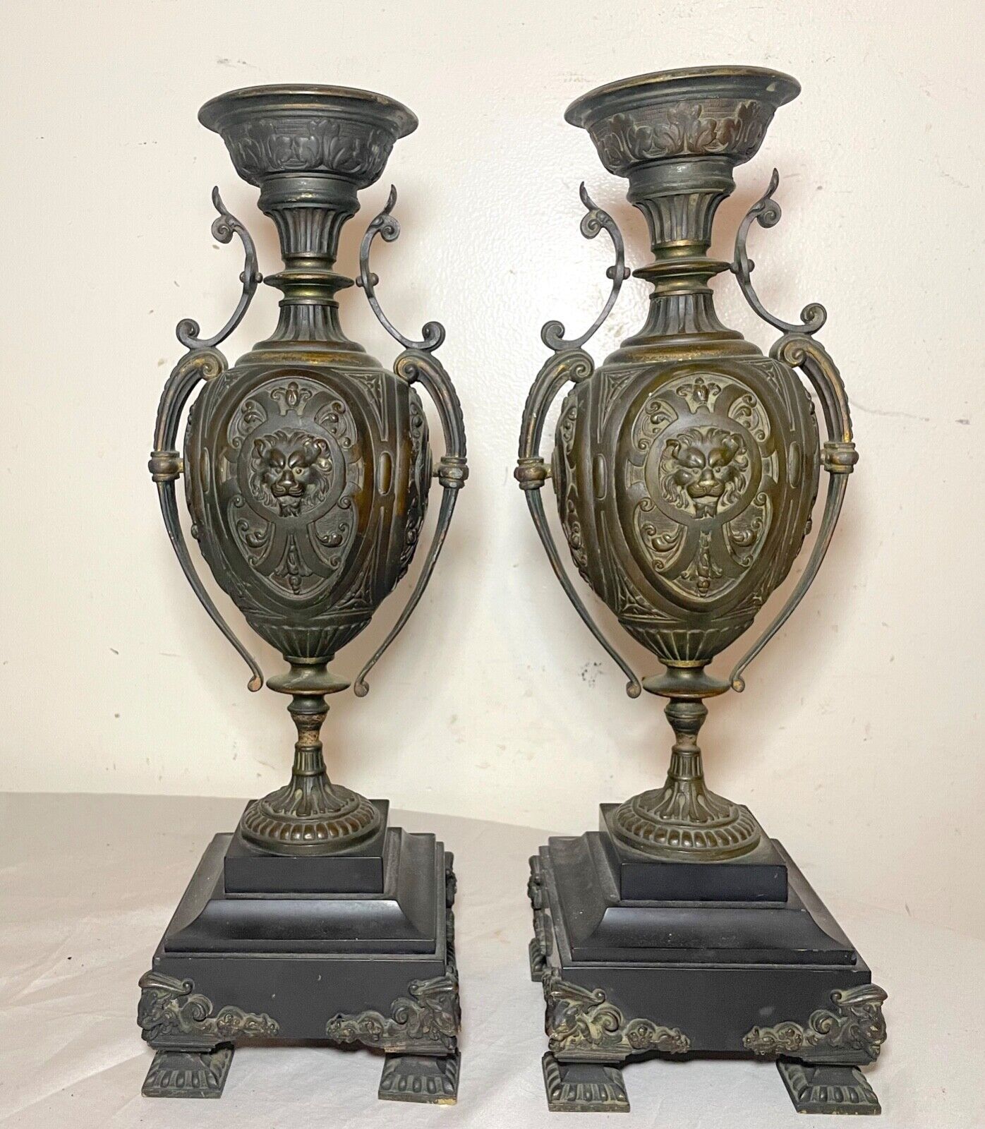 pair antique 1800\'s Victorian bronze marble figural lion garnitures ewer vase