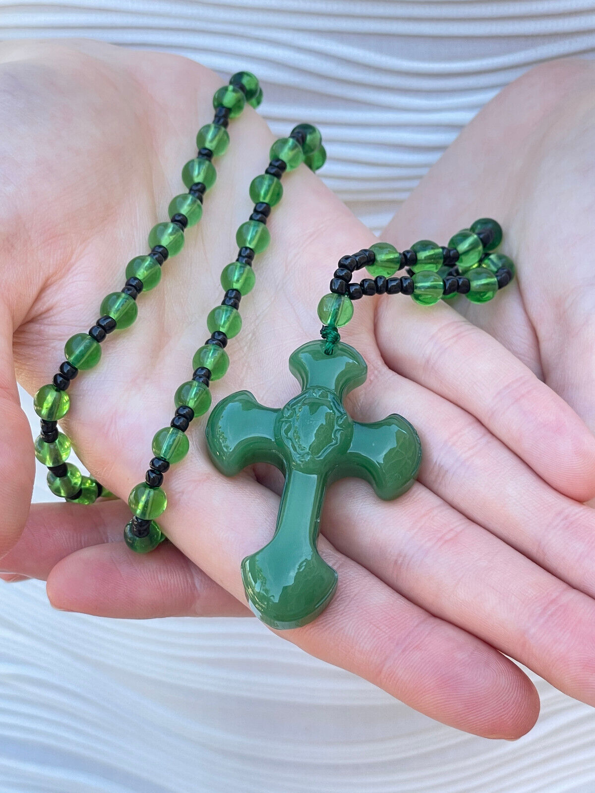 Natural Gem Jade Rosary Necklace 24 inches Christian Cross Rosary
