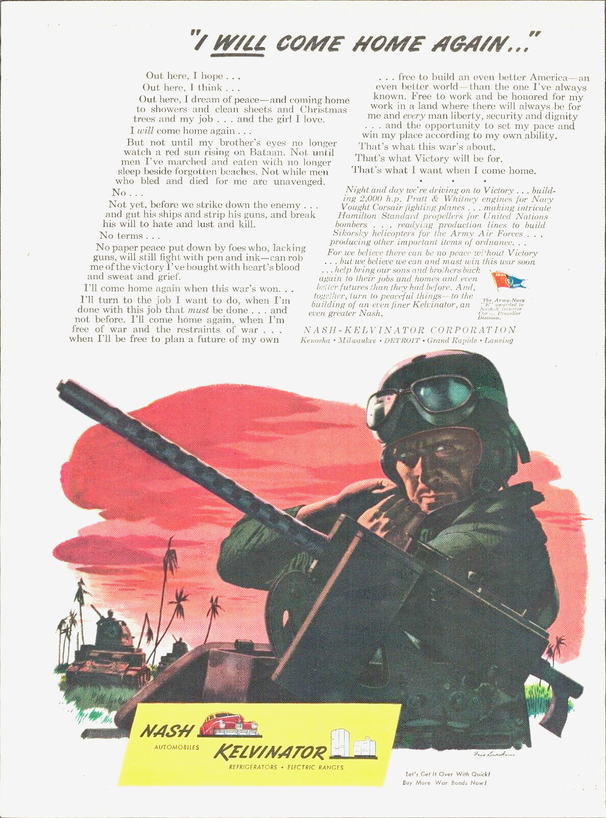 1943 WWII Army Tank NASH AUTOMOBILES print ad machine gunner war bonds Japanese