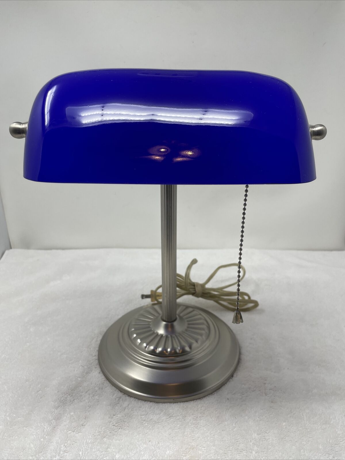 Vintage Banker’s Lamp Cobalt Blue Glass Silver Pedestal 1920’s Style Pull String