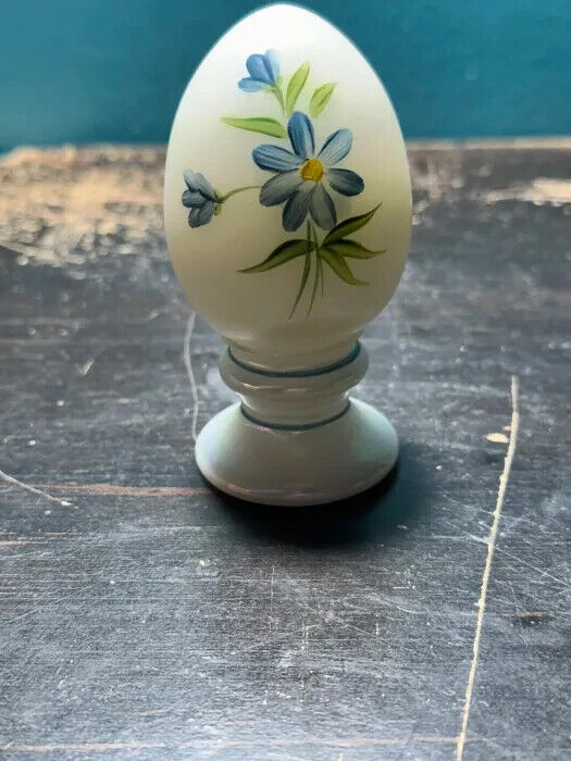 Fenton Marbled Glass/Porcelain Egg Figurine On Stand Blue Flowers Hand Painted