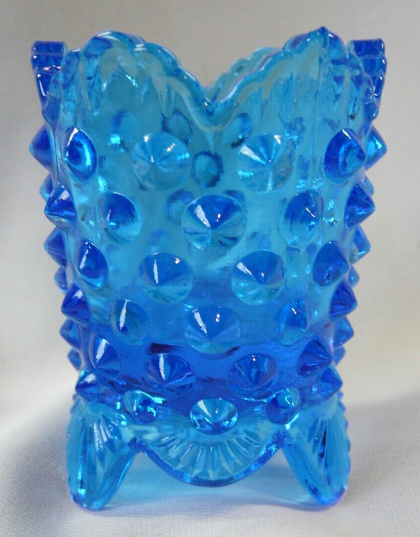 Vintage Daisy & Button Pattern Blue Glass Footed Toothpick Holder
