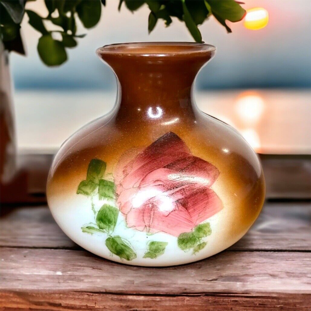 Antique Fostoria Milk Glass Hand Painted Bulbous Flower Vase Floral Design