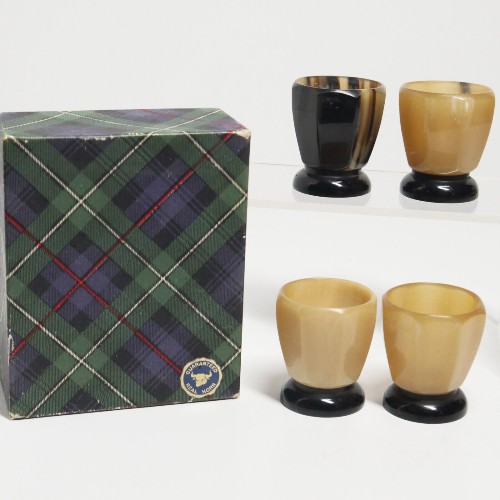 Four Pieces Vintage Carved Bovine Horn Egg Cups w/ Original Box 2 Inch