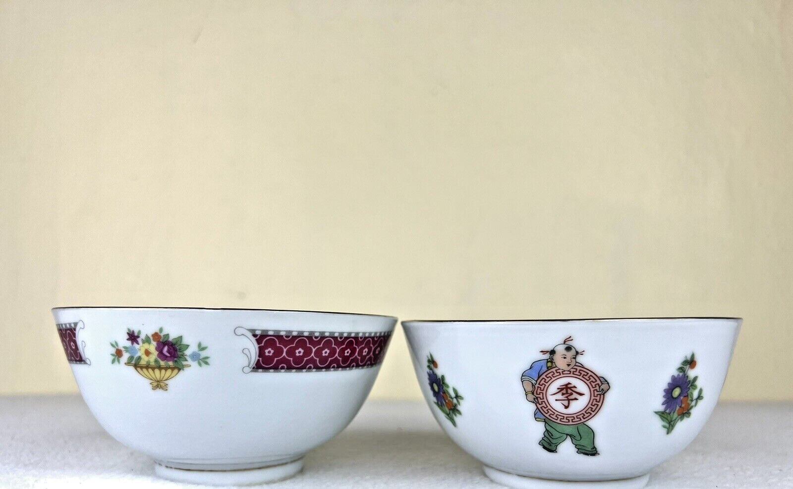 Two Chinese Noodle Soup Rice Bowls Wealth, Prosperity, Luck, Longevity Floral
