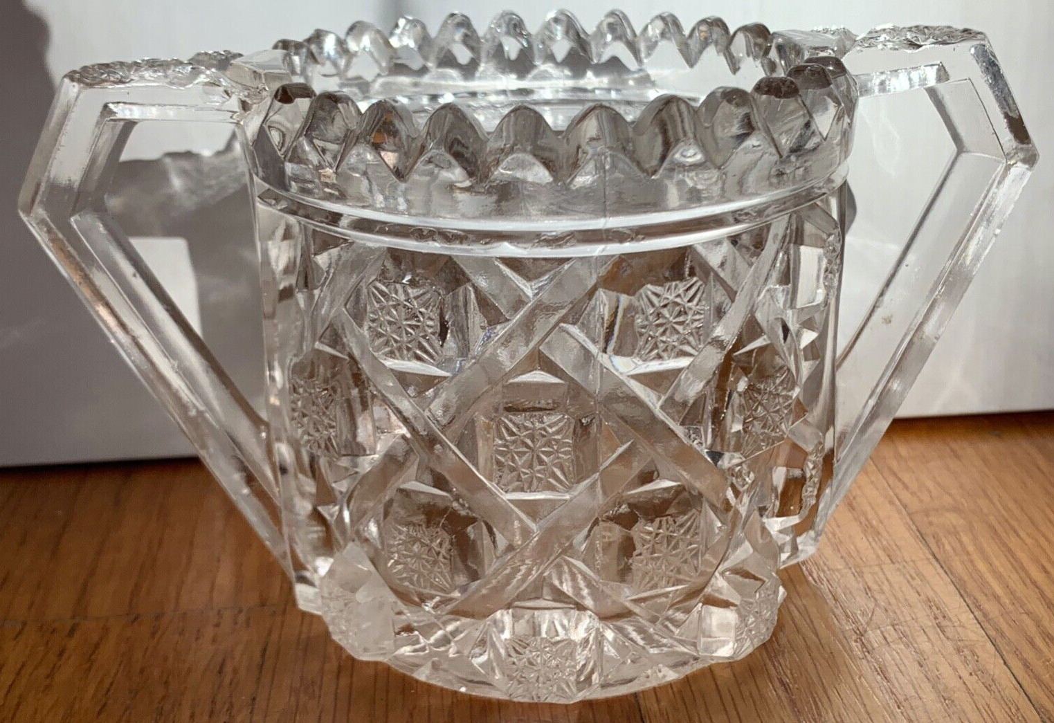 antique eapg Cambridge Glass Co SUGAR BOWL vtg pot near cut jar saw tooth handle