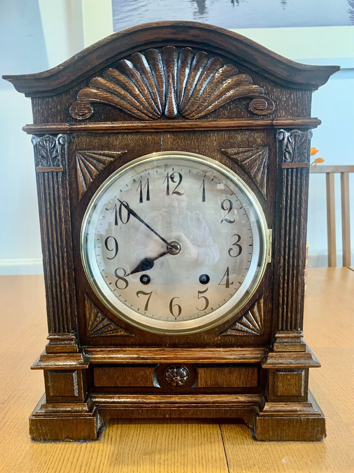 1910 Beautiful Antique Lenzkirch Very Large Mantel Clock Carved Solid Oak + Key