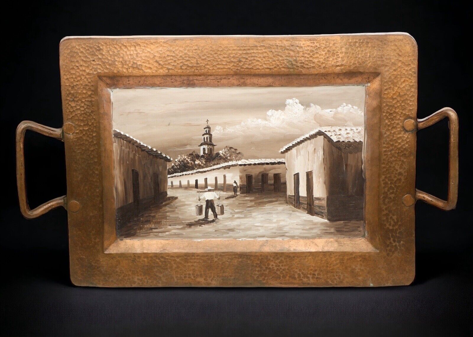 Mexico Art Original Painting On Hand Hammered Rectangular Copper Tray Signed 15”