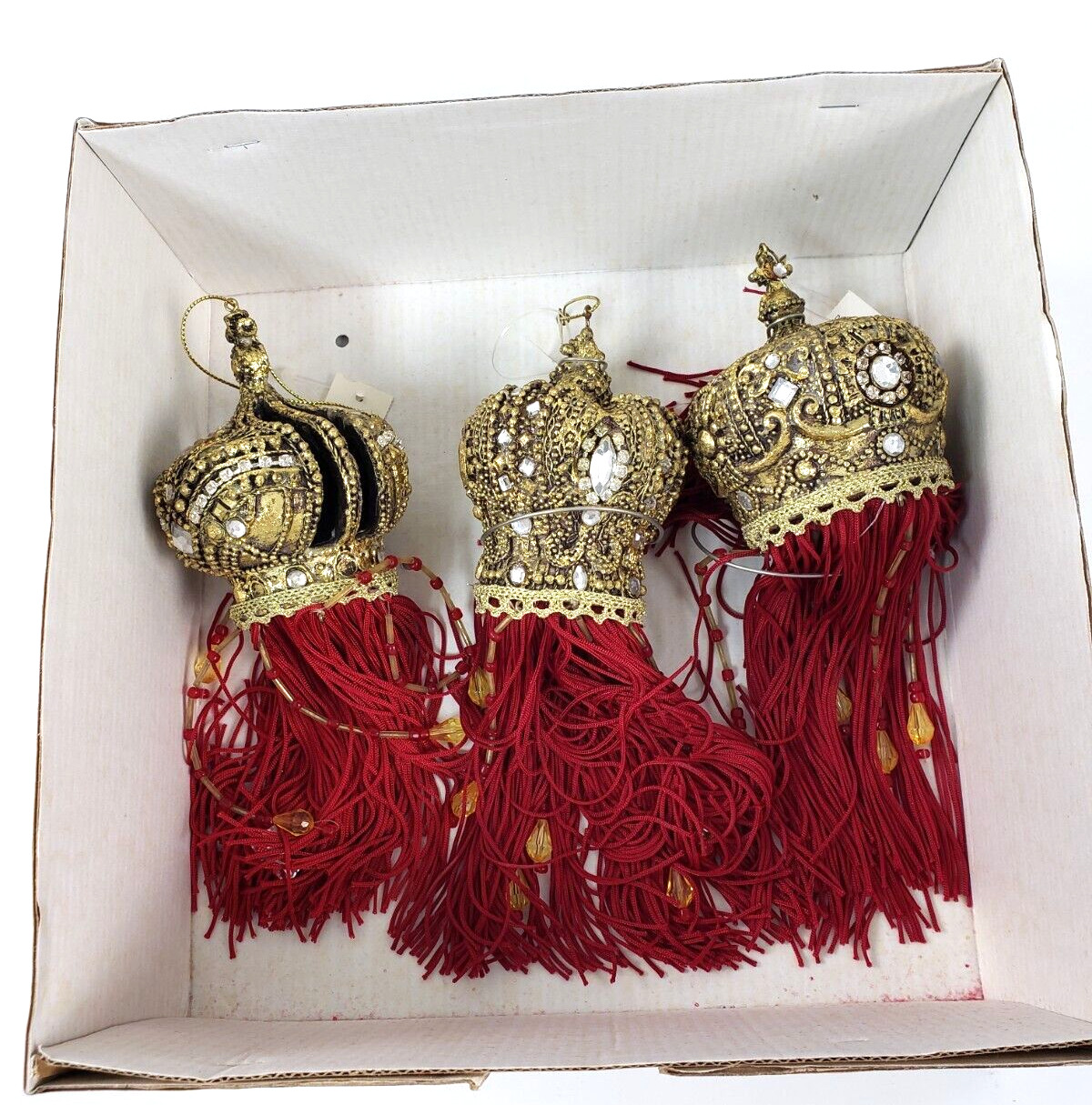 3 Dillards Trimmings Red And Gold Tassel ornate Christmas Ornaments  box