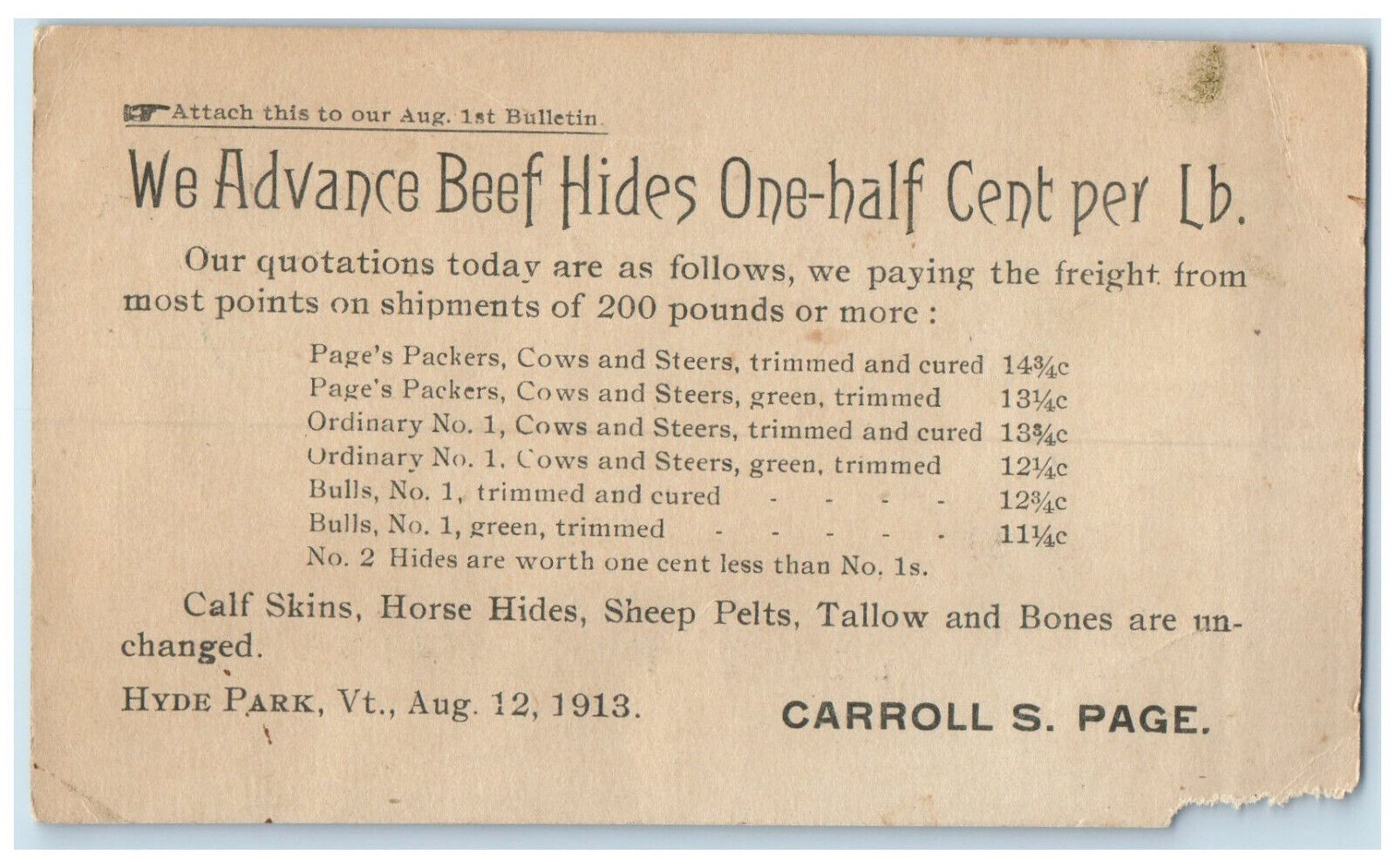 1913 We Advance Beef Hides Carroll S Page Hyde Park Vermont VT Postal Card
