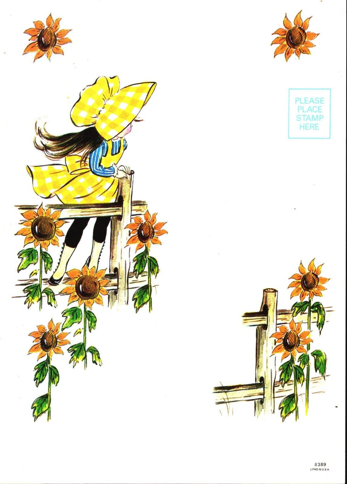 Vtg Postcard Girl w/ Bonnet Sunflowers Private Message Folding Fold Over & Seal
