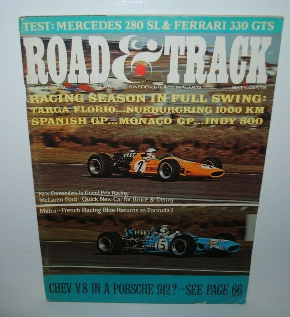 1968 Road & Track magazine, August 1968, Indy 500, Formula 1, Ferrari 300 GTS