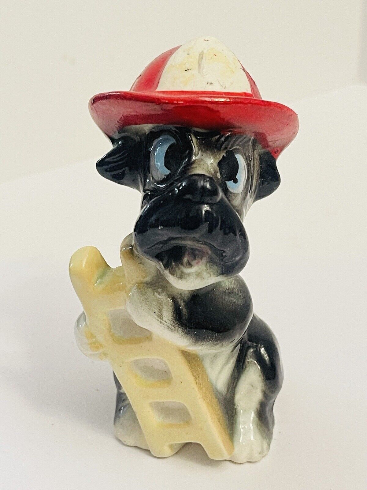 Vintage Scottie Dog Black Ceramic Porcelain Figurine Wearing Fireman Gear