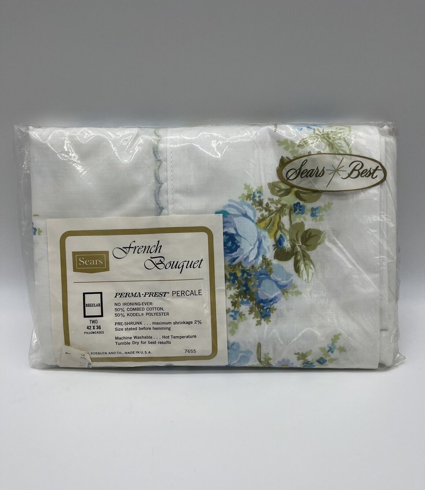 Vintage Sears Perma Prest Percale Two Regular Pillowcases Blue French Bouquet