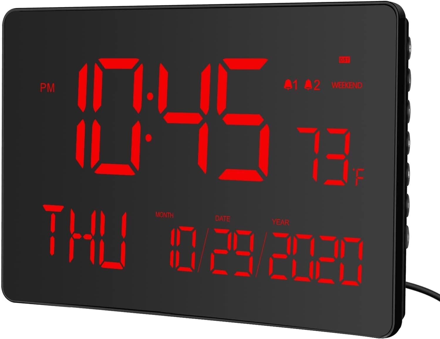 Kadams Large LED Digital Wall Clock, 10 inches - Dual Alarm Clock - Indoor Tempe