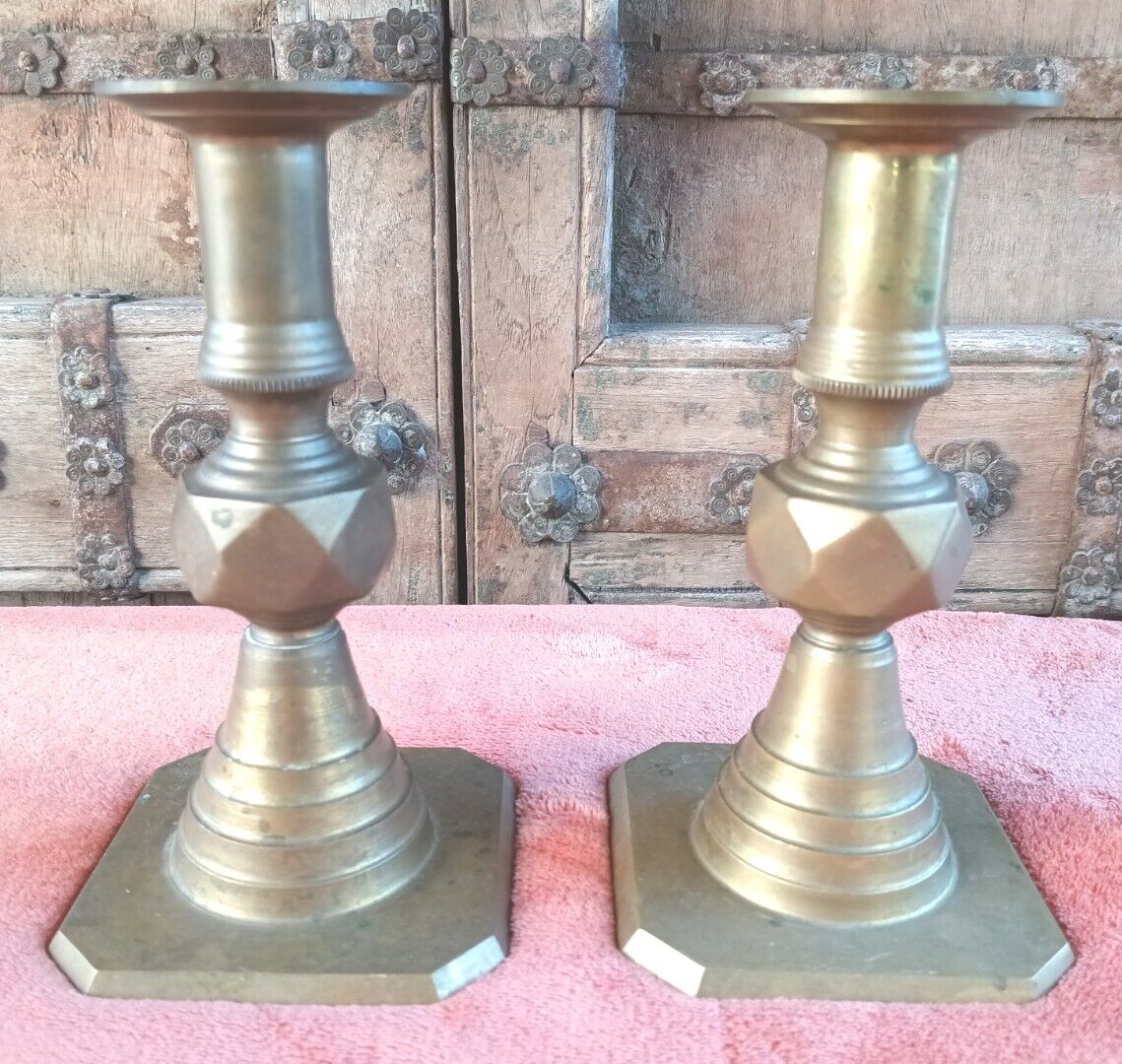 Pair Vintage Unusual Heavy Brass Candlesticks Taper Candle Holders 6 3/4\