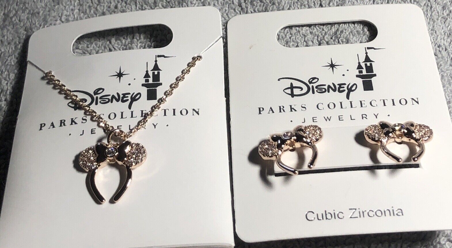 Disney Parks Rose Gold Tone Minnie Mouse Ears Headband Necklace And Earrings