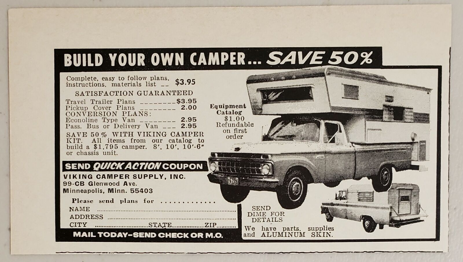 1970 Print Ad Build Your Own Pickup Truck Camper Viking Minneapolis,Minnesota