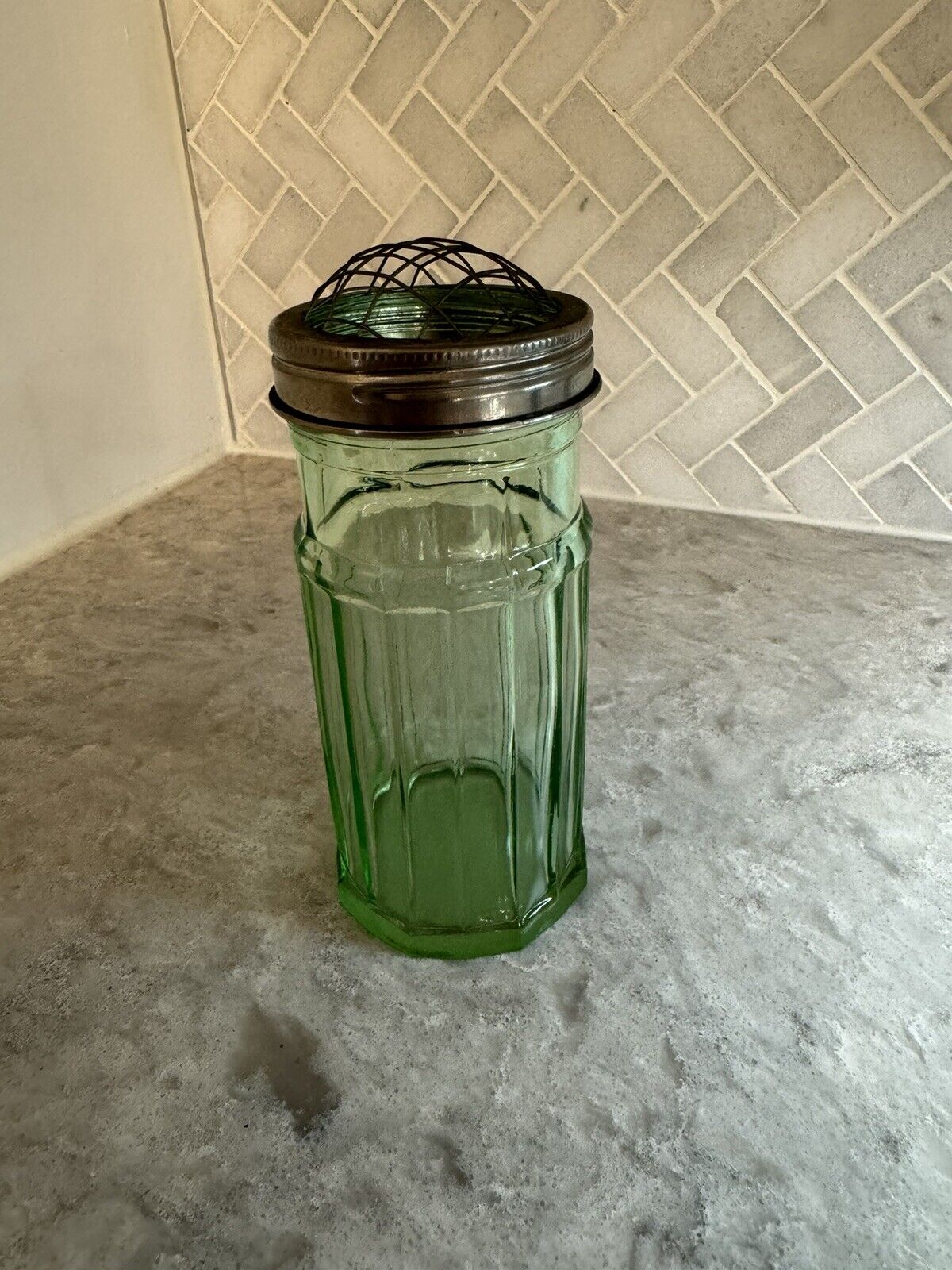 Vintage Green Depression Glass Ribbed  Wire Metal Top Shaker Jar 6\