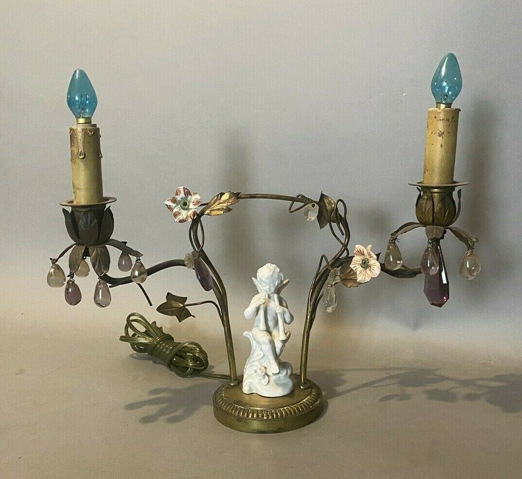 ANTIQUE VICTORIAN TWO LIGHT CANDELABRA TABLE FIGURAL PORCELAIN PUTTI & FLOWERS